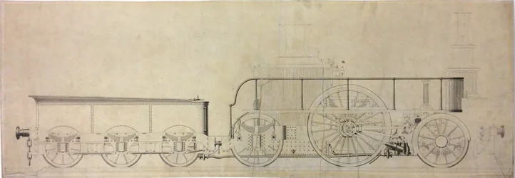 Konstruktionsritning av experimentellt kondenserande lok, före 1848